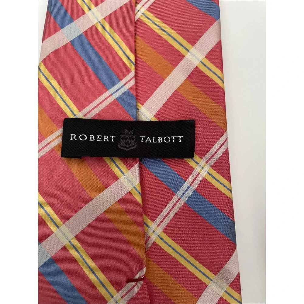 Robert Talbott Mens Red Plaid Silk Necktie Hand Sewn USA Blue Yellow Striped Tie